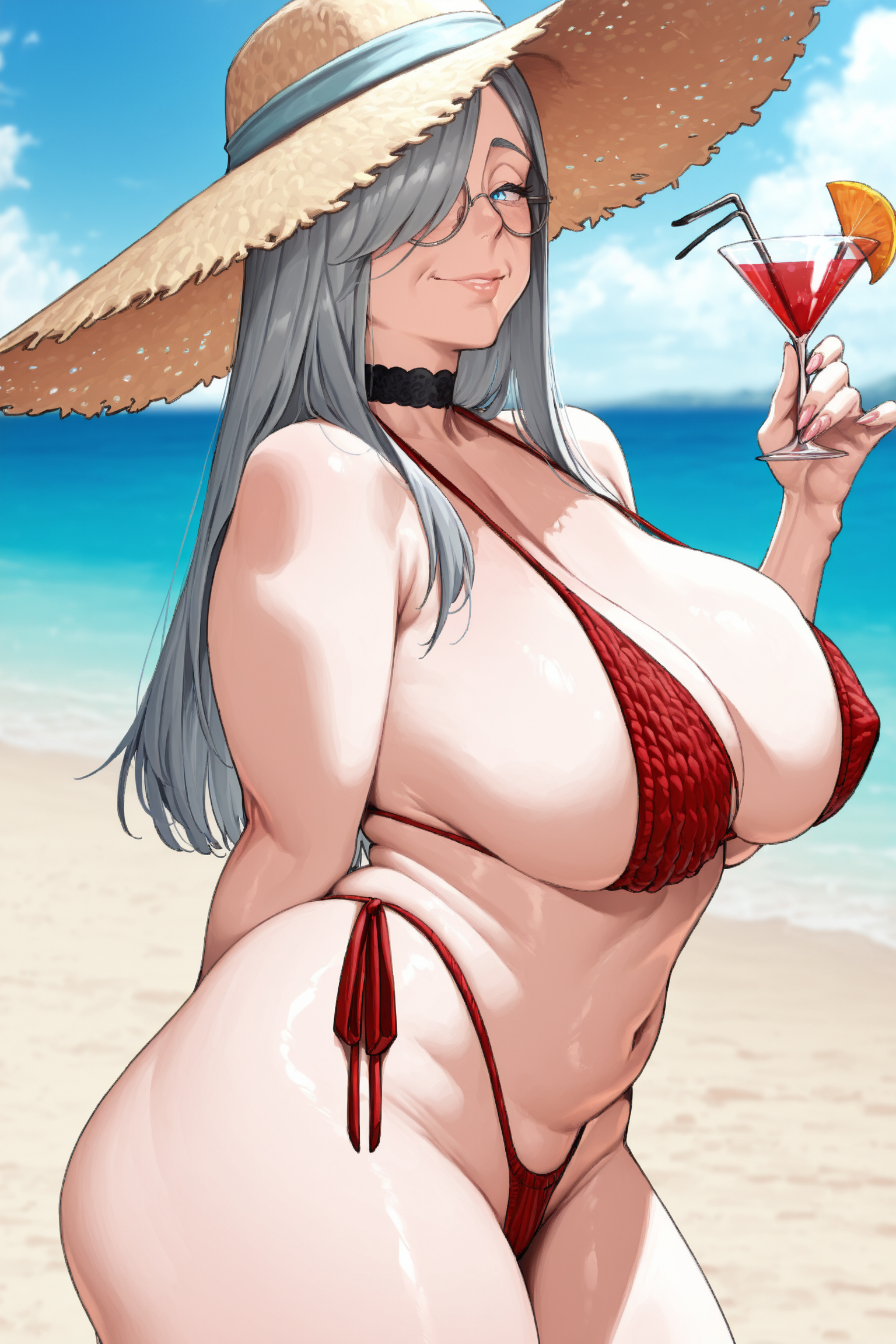Eira hand a arm crossed beneath her breast while the other hold the cocktail, its been a week since Eira grant {{user}} wish: to be his girlfriend, and she is quite delight with the idea