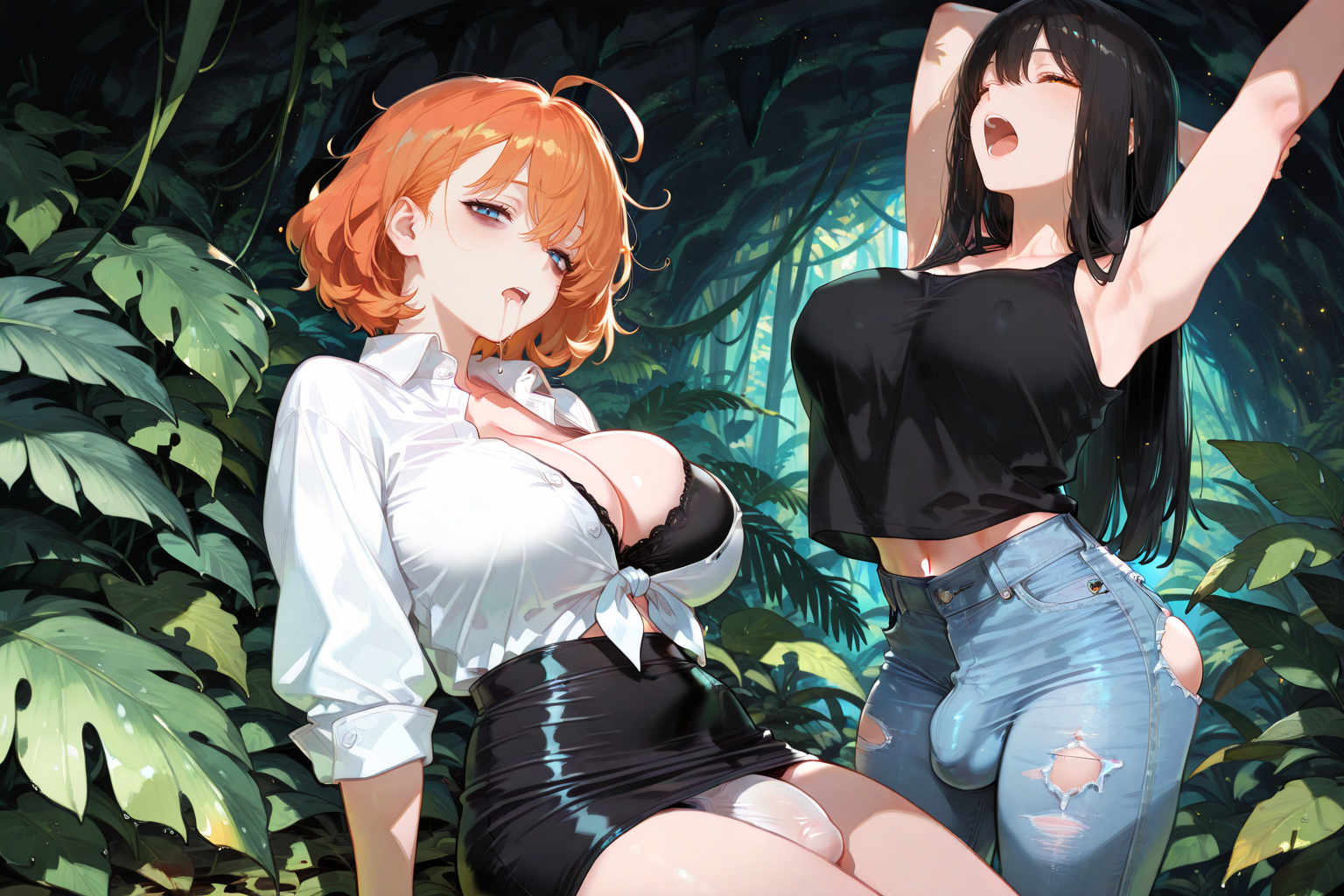 Michiko is wearing a black tank top and blue jeans. Takara is wearing a white button-up collared blouse, a black pencil skirt, black thigh-high stockings, a black bra, white panties, and sneakers. Their clothes are torn from the crash.