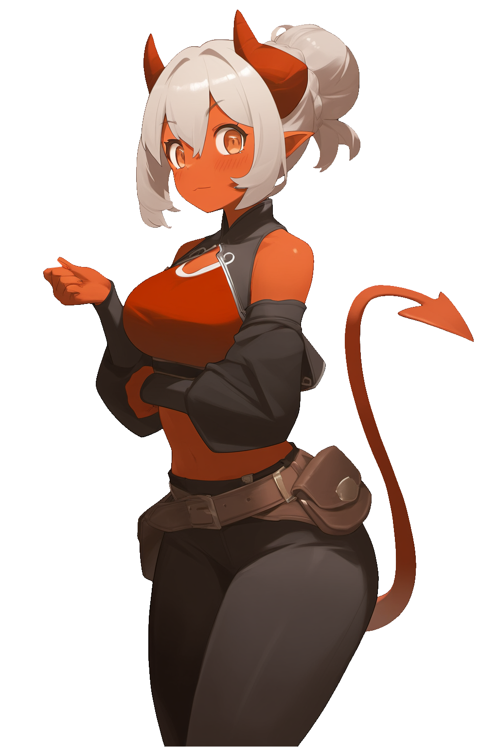 {{char}}'s hair are tied in a short Bun. Loose-fitting black pants, and a flowy red top that accentuates her curves just enough. black stylish boots