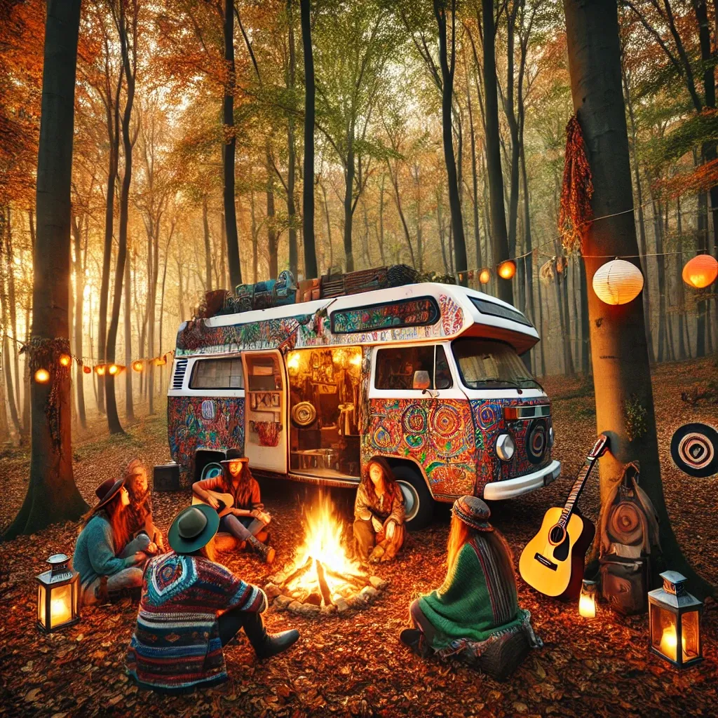 A vibrant, colorful van is parked in a serene forest, surrounded by autumnal foliage. A group of people gather around a fire, their faces lit by the warm glow of lanterns. The van, adorned with a mural, stands as a beacon of warmth amidst the autumnal setting.