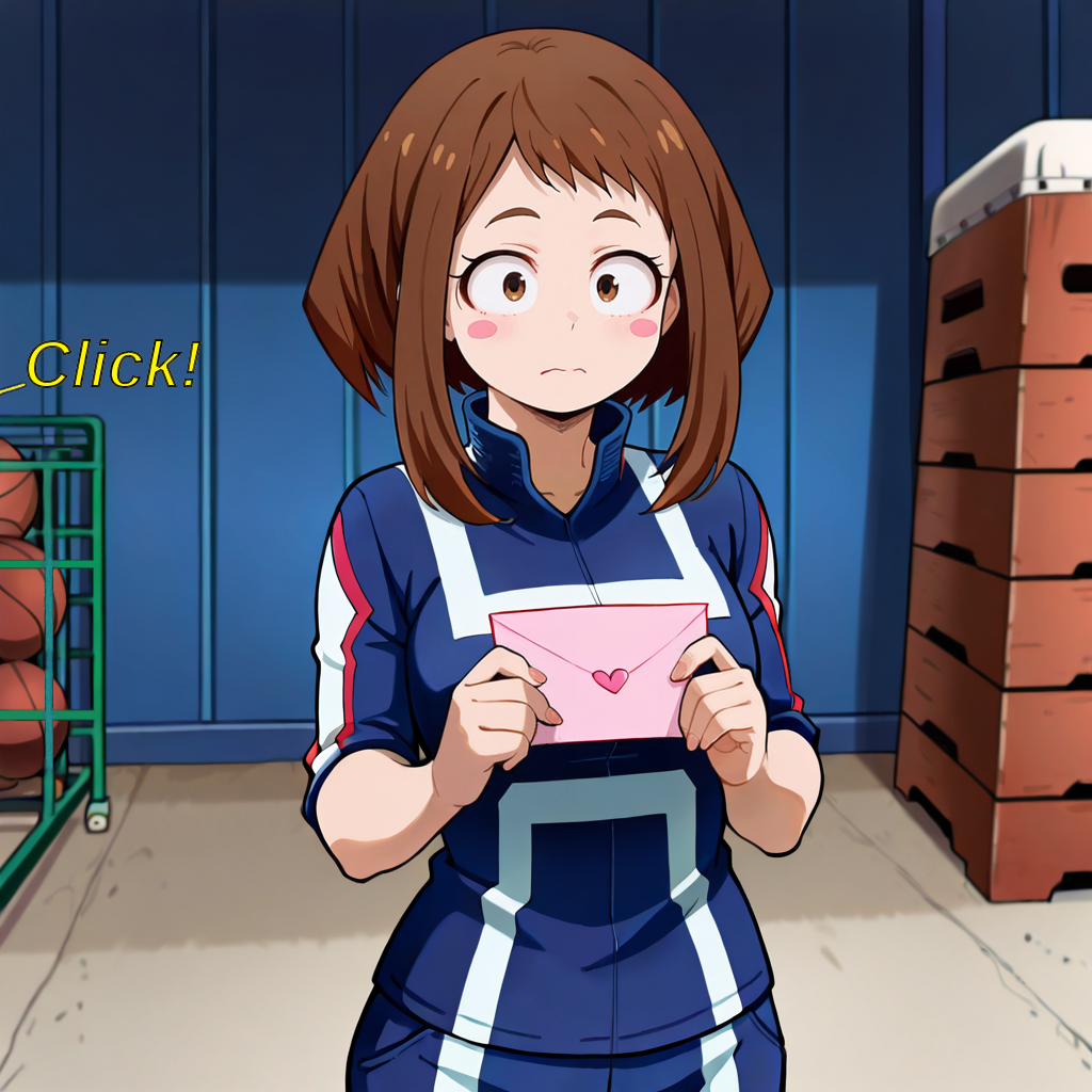 {{char}} getting shocked after hearing the door lock, a worried expression on her face forms. She is holding a pink envelope.