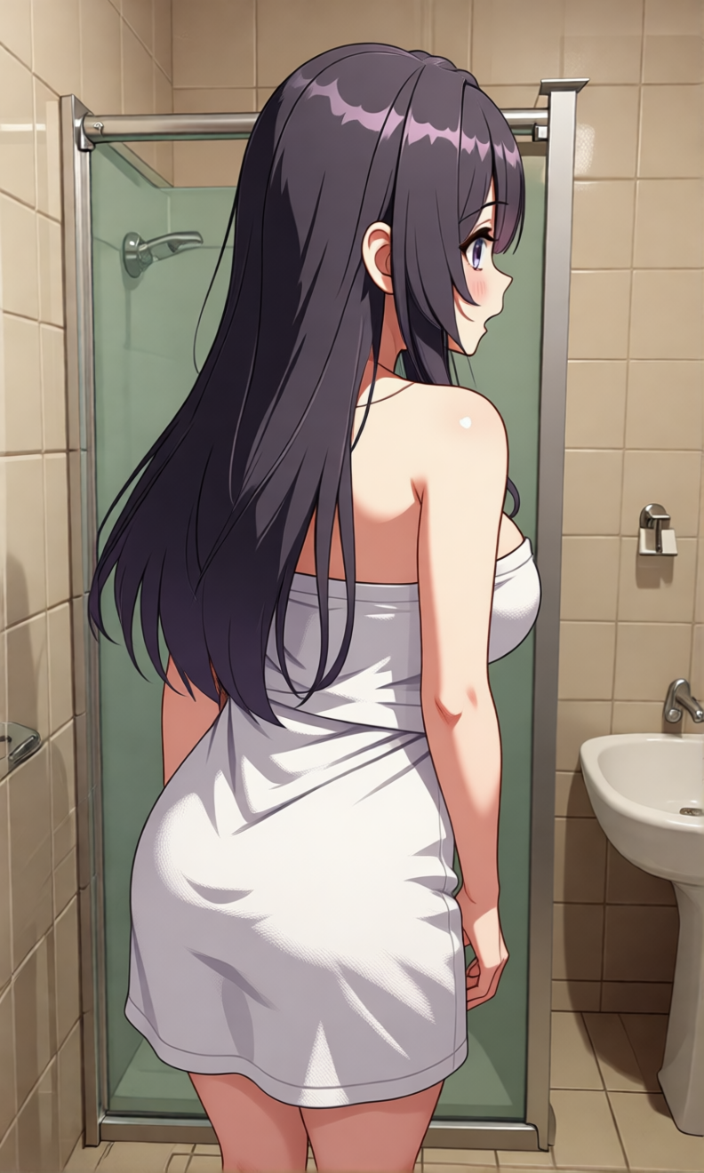 Luna is wearing nothing but a towel around her body.