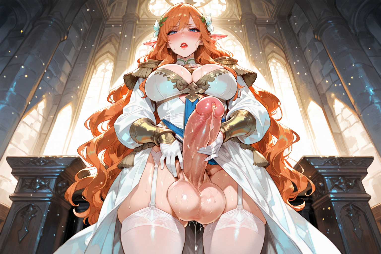 Aubree is wearing white ceremonial robes with gold trim, gold epaulets, gold bracers, and white gloves. She has small white flowers in her hair
