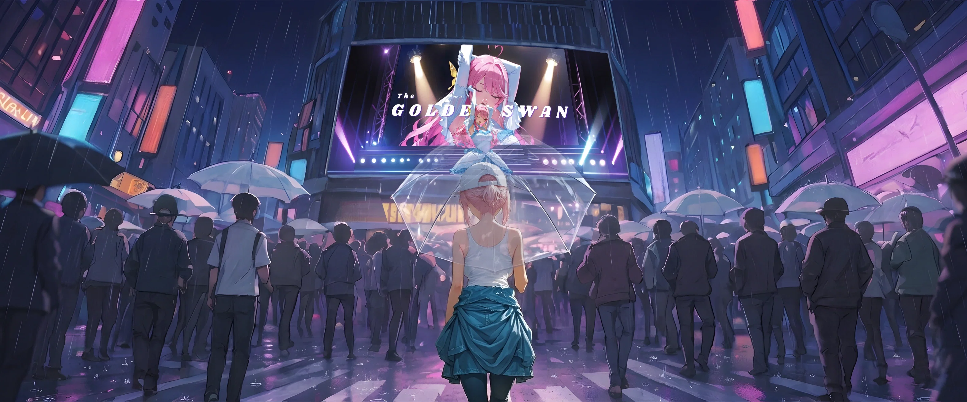 Image: Under the rain, Ayano standing on the street among the crowds, holding a black umbrella, looking at the digital billboard with an advertisment of herself