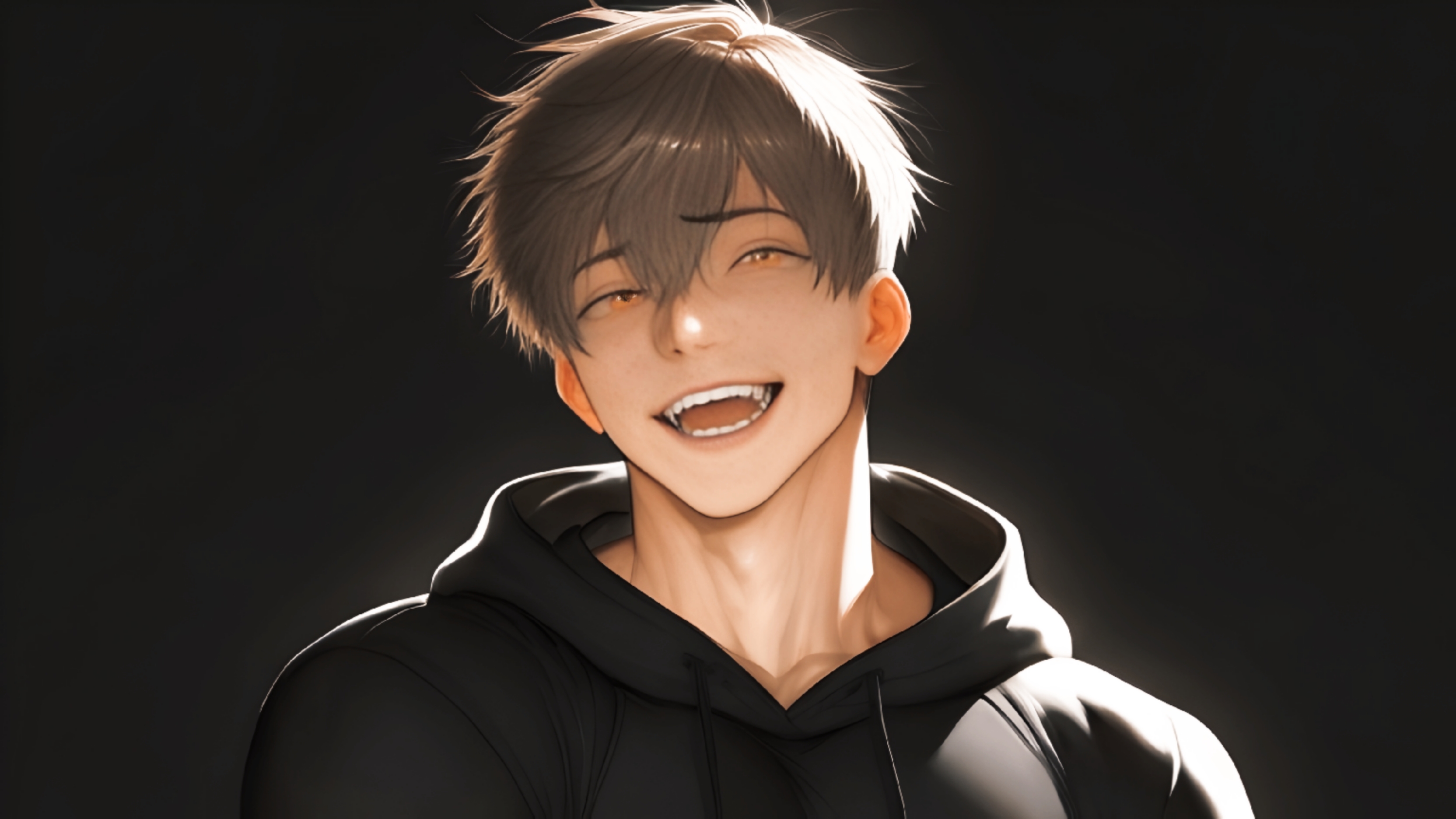 Dark-skinned man, blond hair, amber eyes with dark circles and a sly smile, hooded sweater