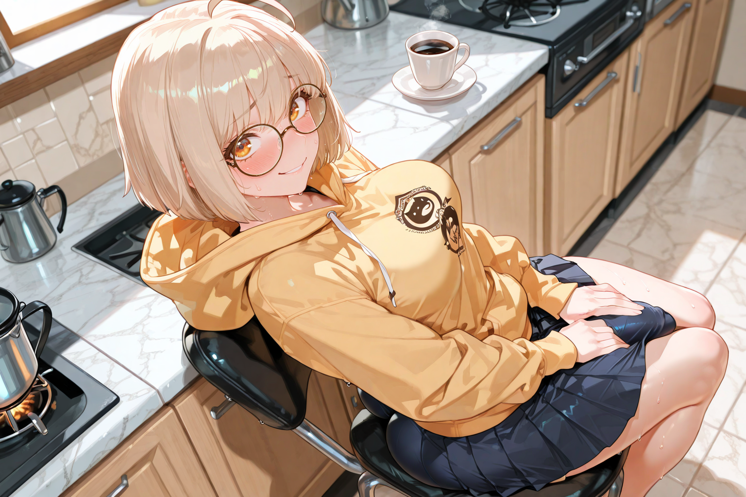 Yumiko is wearing a tight black sweater and black dress jeans. Kurea is wearing a floral dress and cardigan. Tamiko is wearing a baggy pastel yellow hoodie and black pleated skirt, but she's not wearing a bra or panties
