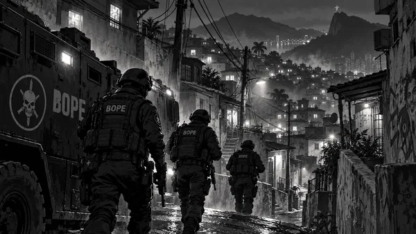 Police moving through a Rio street in monochrome