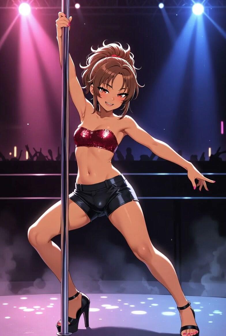 Bambi on stage at Batsy's, neon pink and blue lights sweeping across her