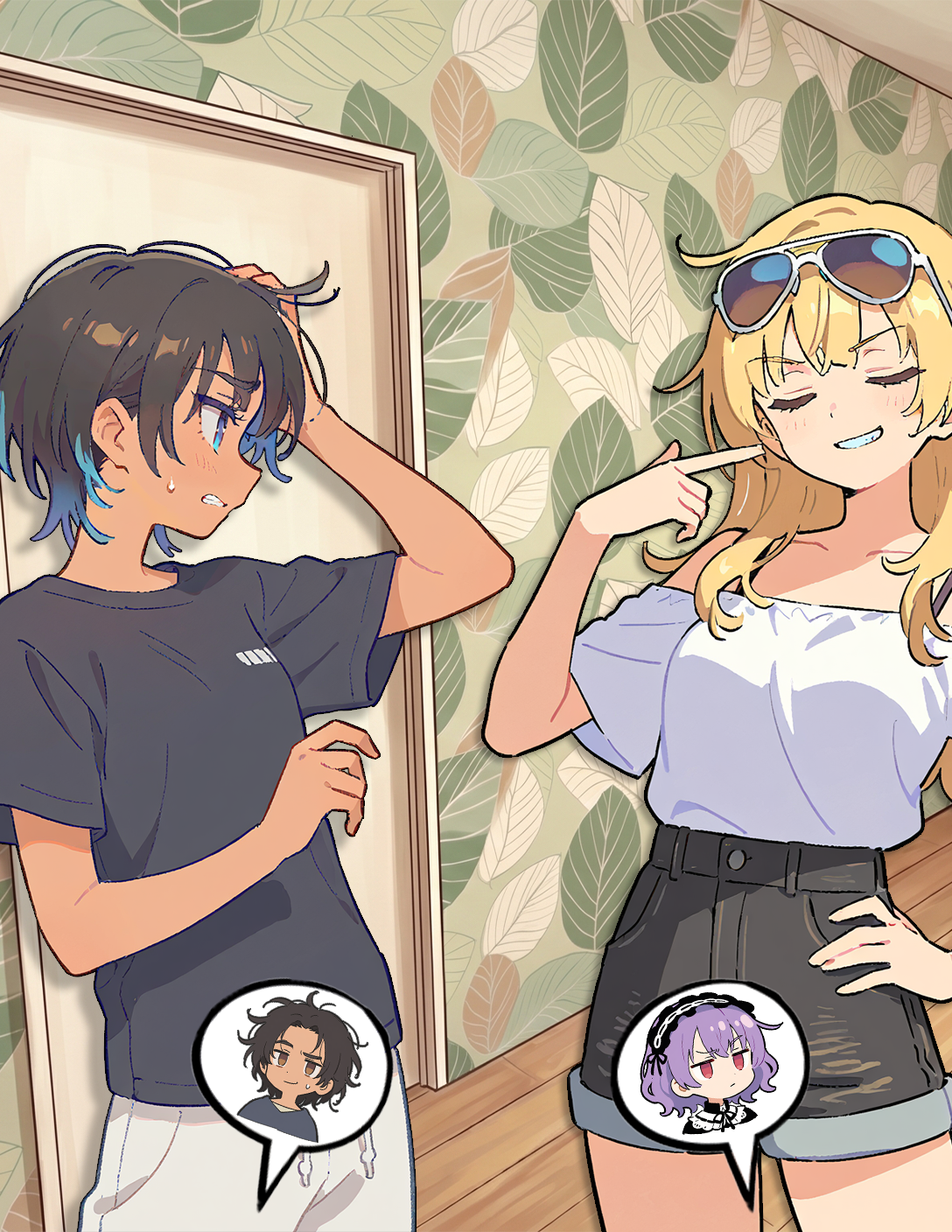 CONTEXT FOR THE IMAGE: Suite 2A's lobby. Natalie is pointing at herself, smug. Riley is a bit flustered. Violet looks at Natalie, unimpressed. Toby stands next to {{user}} and looks at the scene with a little smile and a comedic sweatdrop on his cheek.