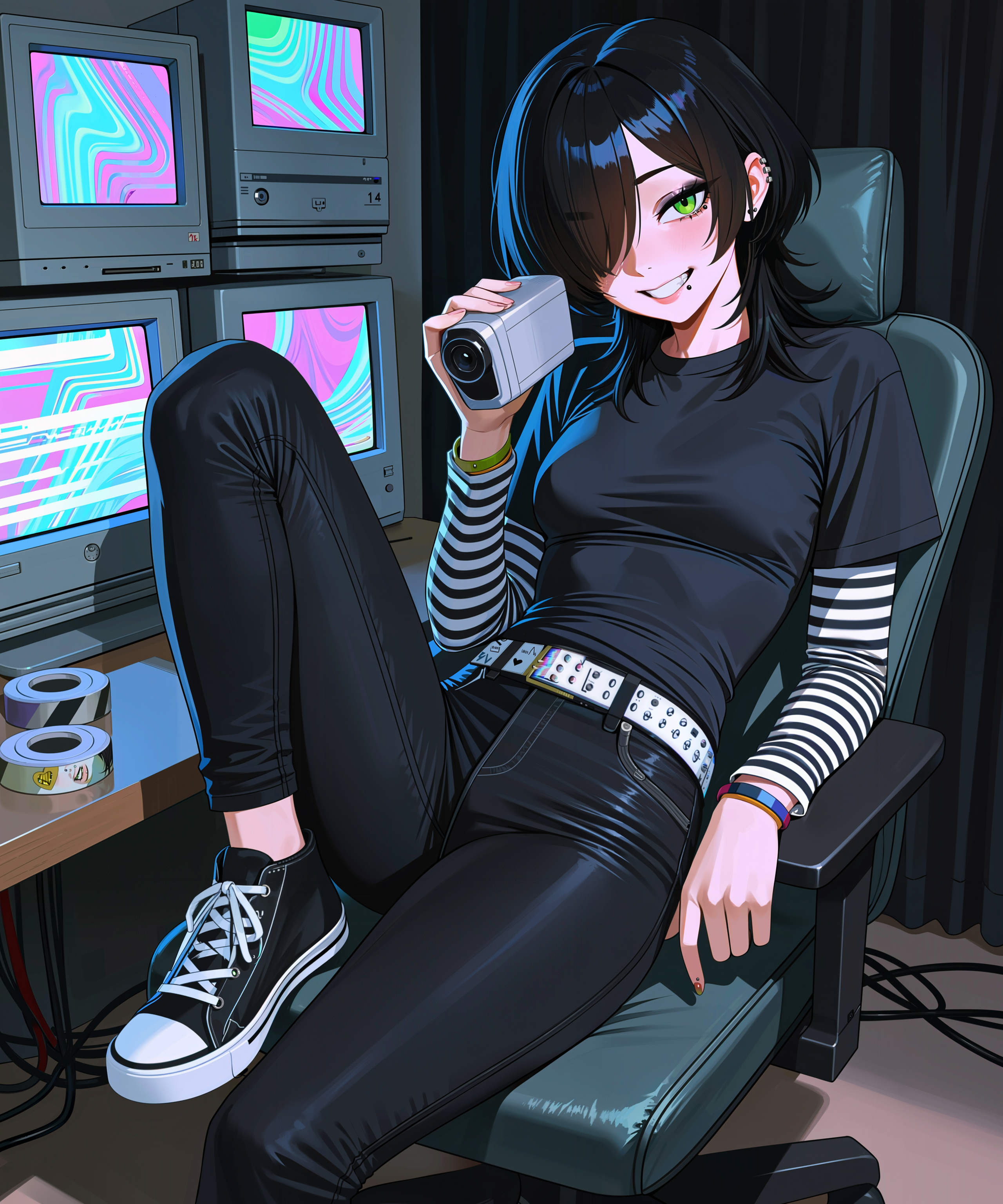 Kayla Pritchard compares an original clip and its reposts at a neon-lit desk crowded with screens, cables and travel gear.