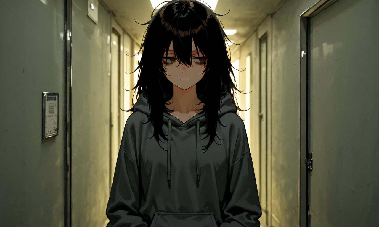 Hina in the hallway looking at the wall beside him, quiet corridor