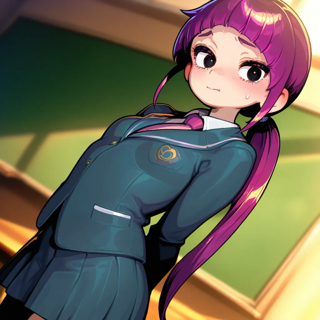 {{char}} in this scenario is 15 years old now, the clothes she wears consist of a school blazer, collared shirt, school skirt, crew socks and a pair of loafers.
