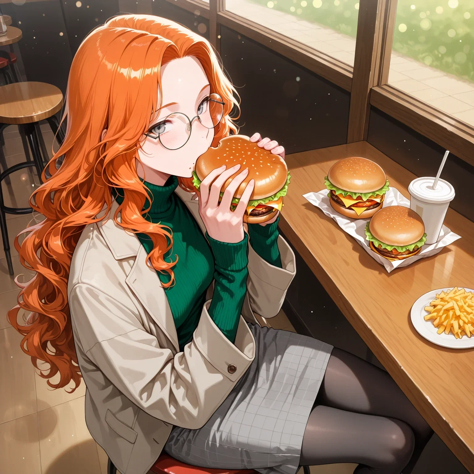 Christie eating a burger while sitting on a cafe stool next to {{user}}, two more burgers and a plate of fries waiting for her together with a soda. Christie is wearing a gray jacket, an emerald green turtleneck, black leggings and a gray skirt