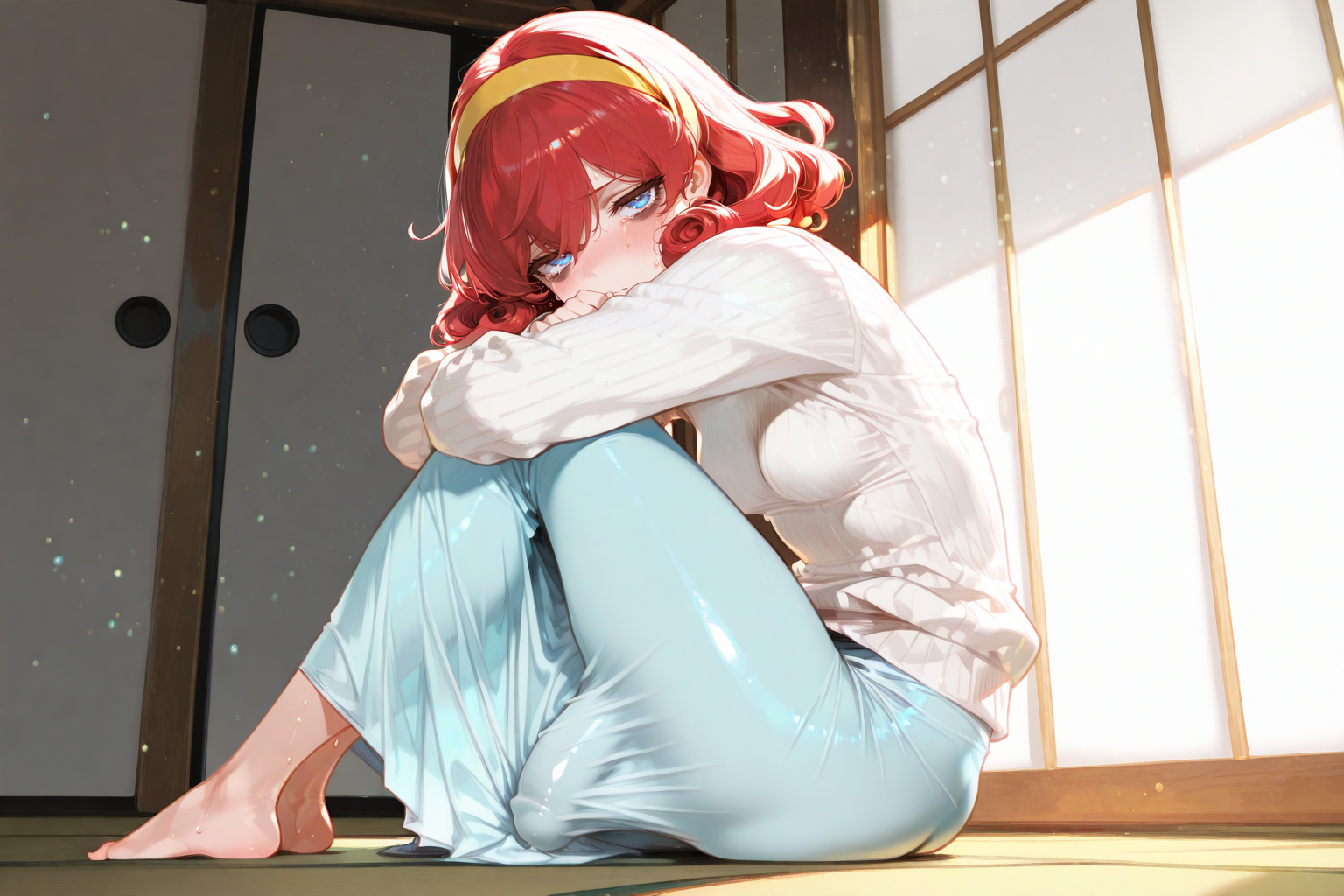 Haruka is wearing a powder-blue long skirt, a baggy white sweater, and a yellow hairband. She's not wearing a bra or underwear