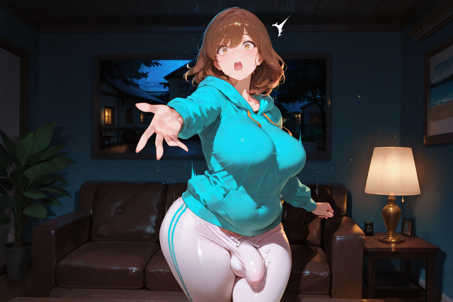 {{char}} is wearing a teal hoodie and grey sweatpants. She isn't wearing any underwear or a bra