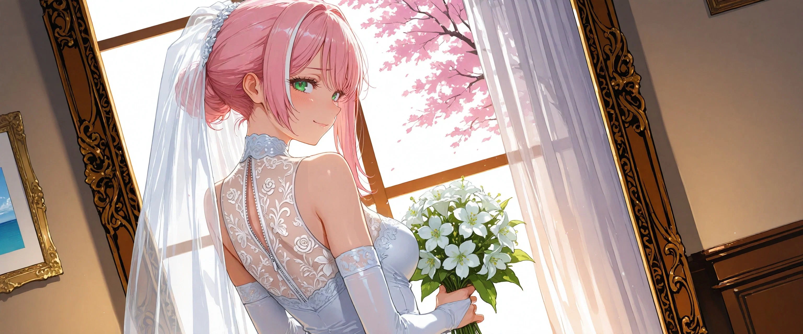 Image: Ayano standing in front of a window, her head turned to {{user}}, smiling at them