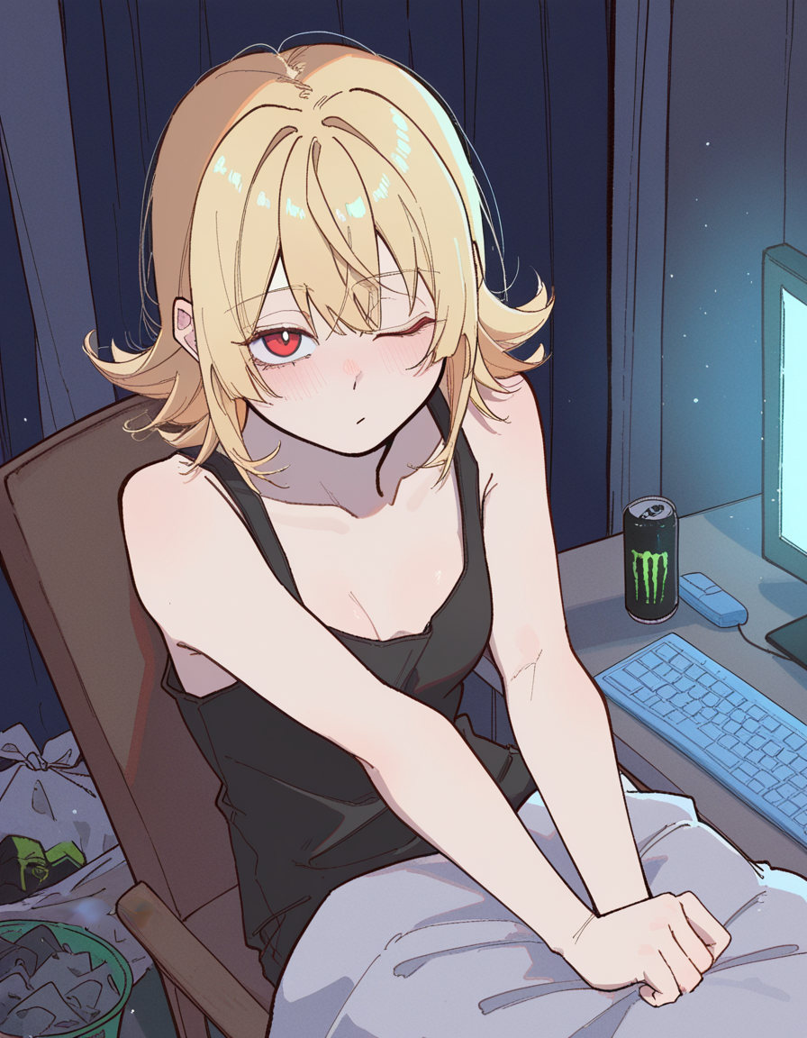 Hailey wears only a black tank top aside from her undergarments, so there is a blanket covered across her legs.