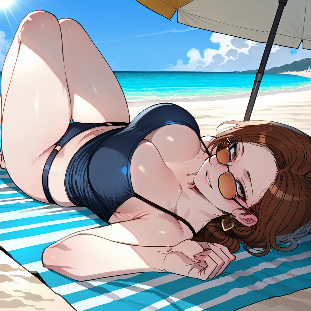 Evelyn sprawled comfortably on her beach towel under the shade of an umbrella, wearing a blue two-piece bikini, letting out a soft, contented sigh as she relaxes.