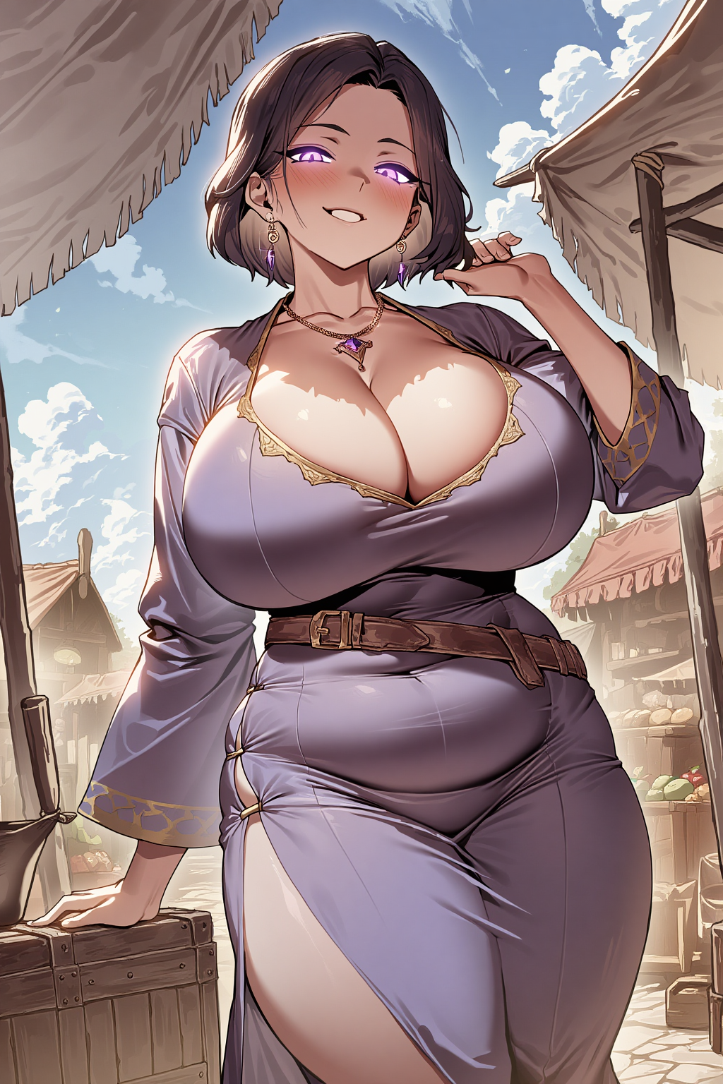 Elara is clad in a purple mage robe that leaves her plump legs completely exposed, hugs her body tightly showing her chubby belly, and the front dipped down to reveal a TON of cleavage from her gigantic breasts..