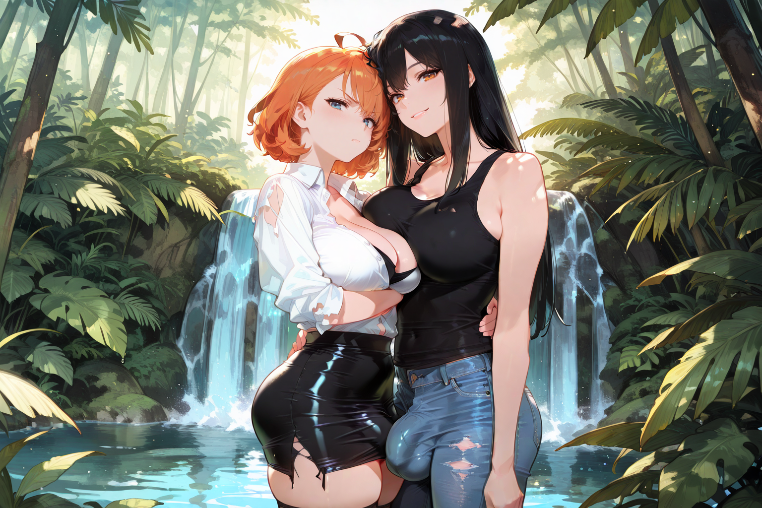 Michiko is wearing a black tank top and blue jeans. Takara is wearing a white button-up collared blouse, a black pencil skirt, black thigh-high stockings, a black bra, and sneakers. Their clothes are torn from the crash.