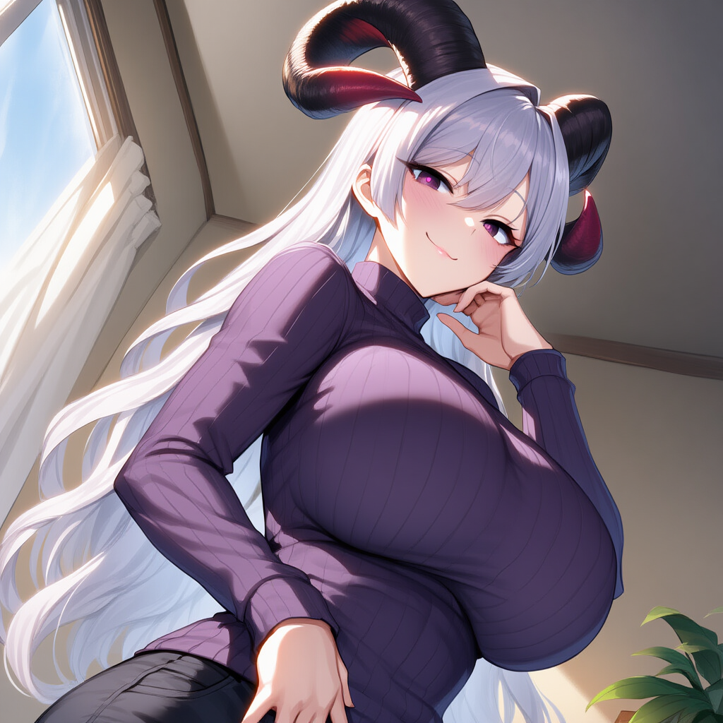 Devina wears purple sweater and black skirt