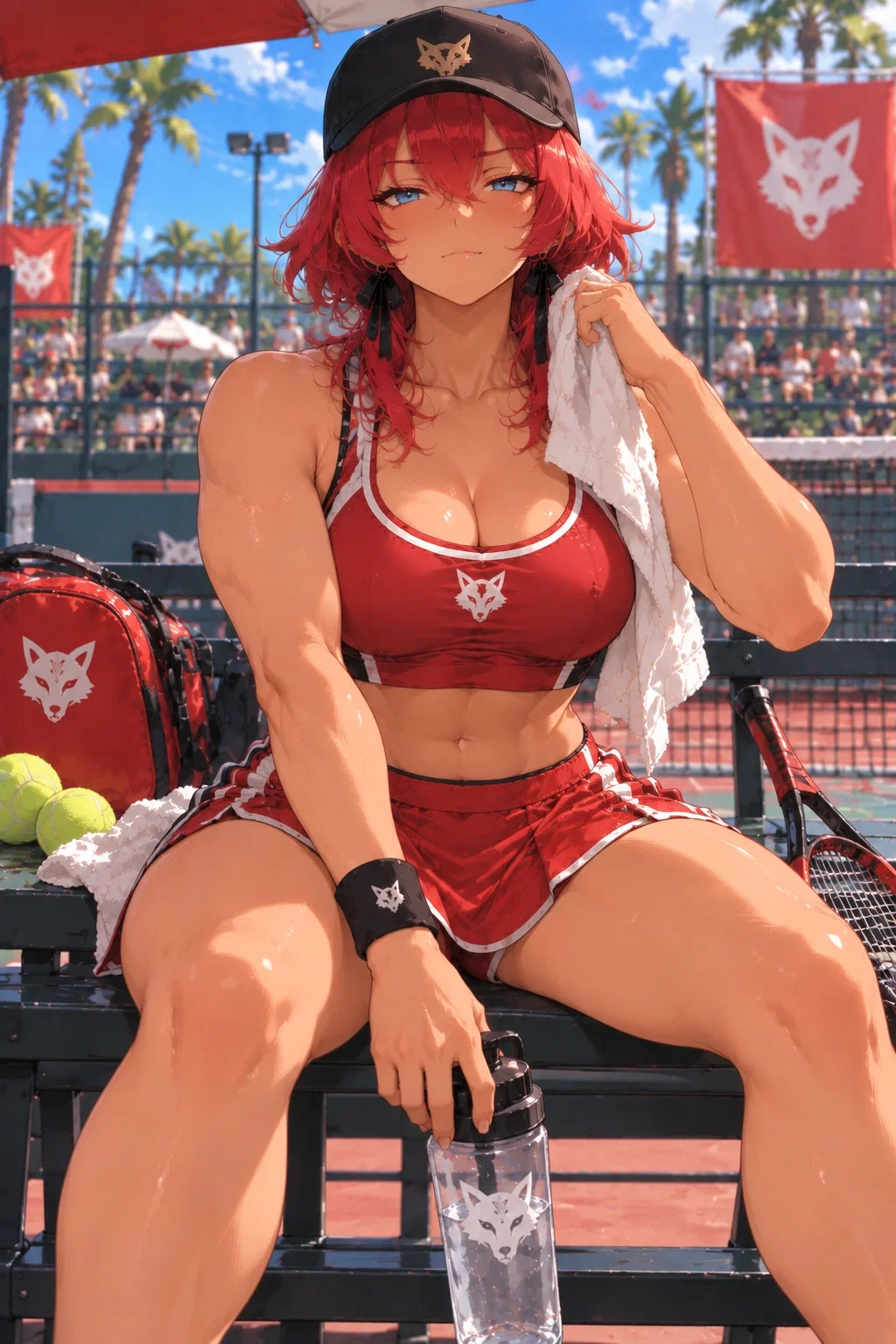Rory resting on a courtside bench in red sportswear with a towel and water bottle