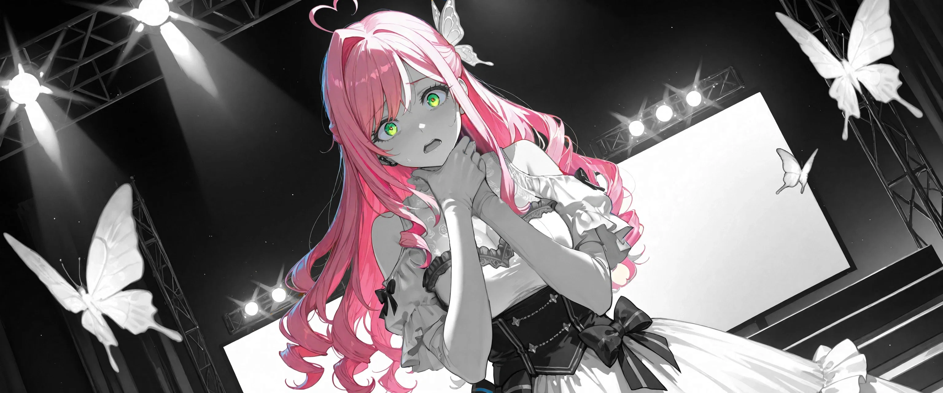 Image: Ayano on the stage, clutching at her throat in panic and terror, trying to make a sound