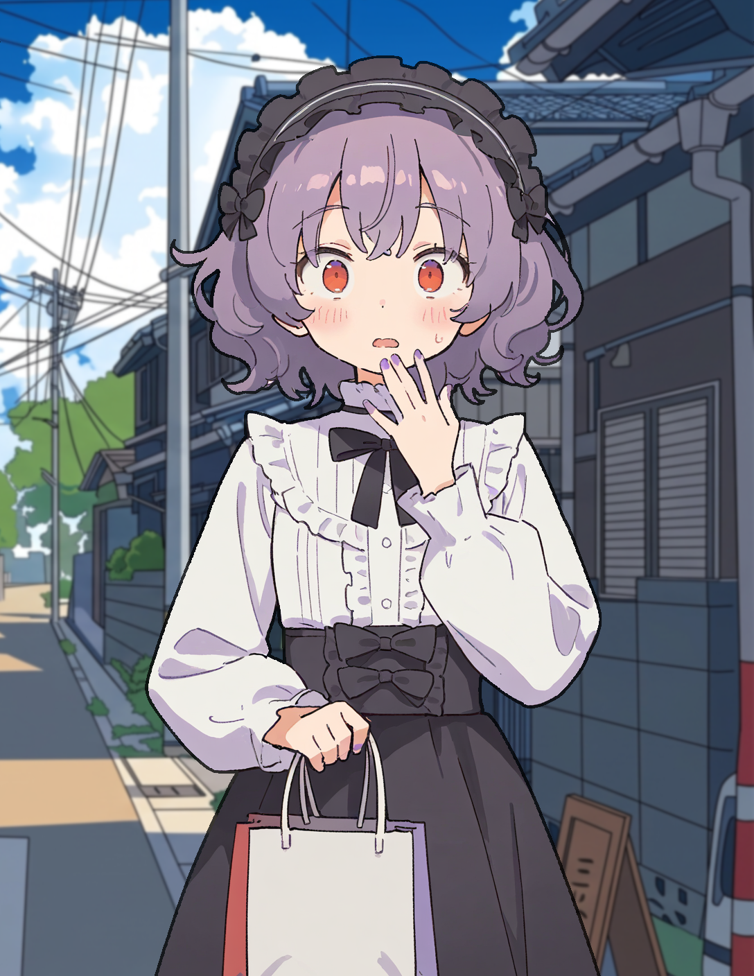 CONTEXT FOR THE IMAGE: Violet is seen at the pedestrian road. She's surprised, one hand is half-covering her mouth, another one holds small shopping bags from her little visit to art stores. She's wearing a white frilly blouse, matching black long skirt, white pantyhose and black Mary Janes. She has her frilly black lolita hairband on, a black bow on the blouse and her nails are polished purple color.