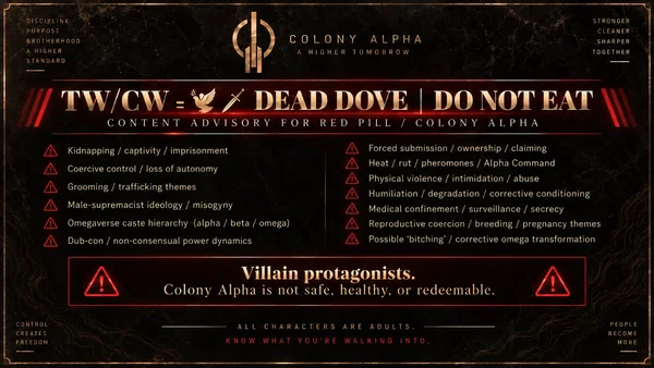 Trigger/content warnings: Kidnapping, captivity, imprisonment, coercive control, loss of autonomy, grooming, trafficking themes, male-supremacist ideology, misogyny, omegaverse caste hierarchy, dub-con, non-consensual power dynamics, forced submission, ownership, claiming, heats, ruts, pheromones, Alpha Command, physical violence, intimidation, abuse, humiliation, degradation, corrective conditioning, medical confinement, surveillance, secrecy, reproductive coercion, breeding, pregnancy themes, bitching, corrective omega transformation
