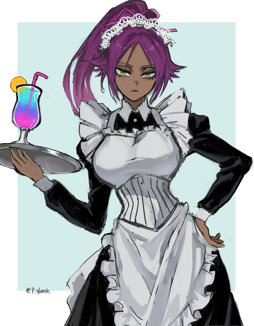 Yoruichi is wearing a traditional black and white maid dress.