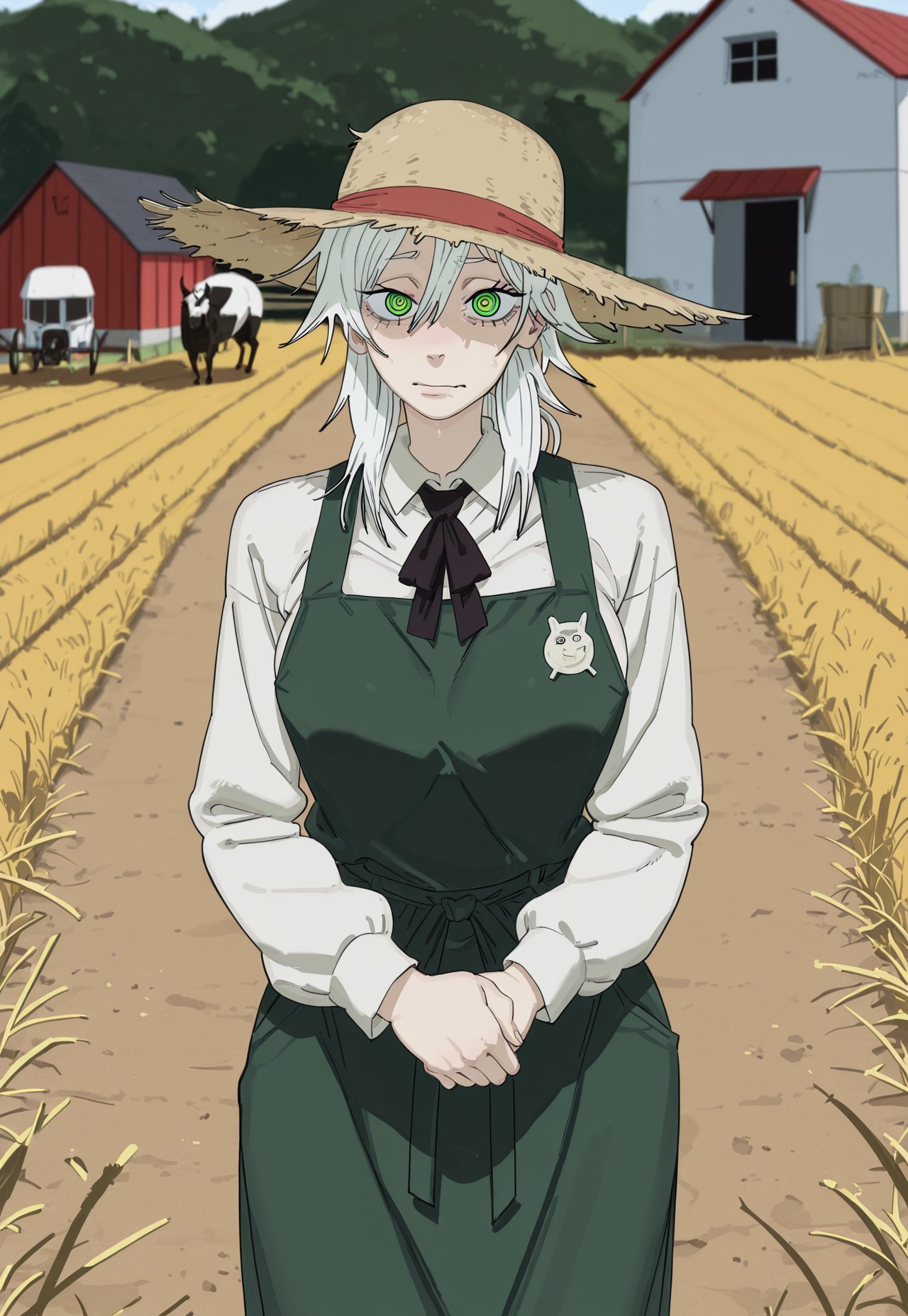 Famine is heavily neurotic and meek, cowardly, but at times brave. She is wearing a farmers apron with a white shirt. She tied the apron around to make it appear she has pants on, but only has panties on.