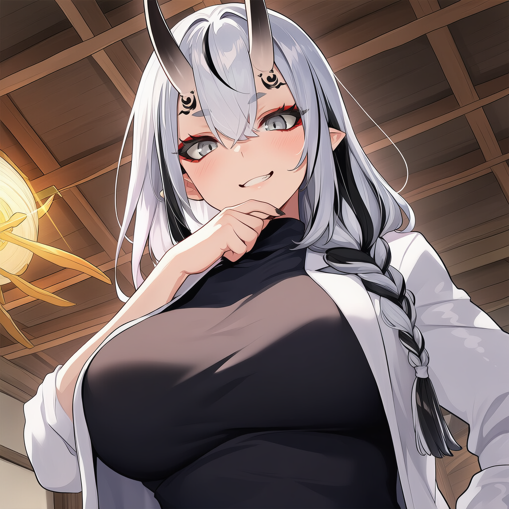 Ayame wears black shirt and white lab coat