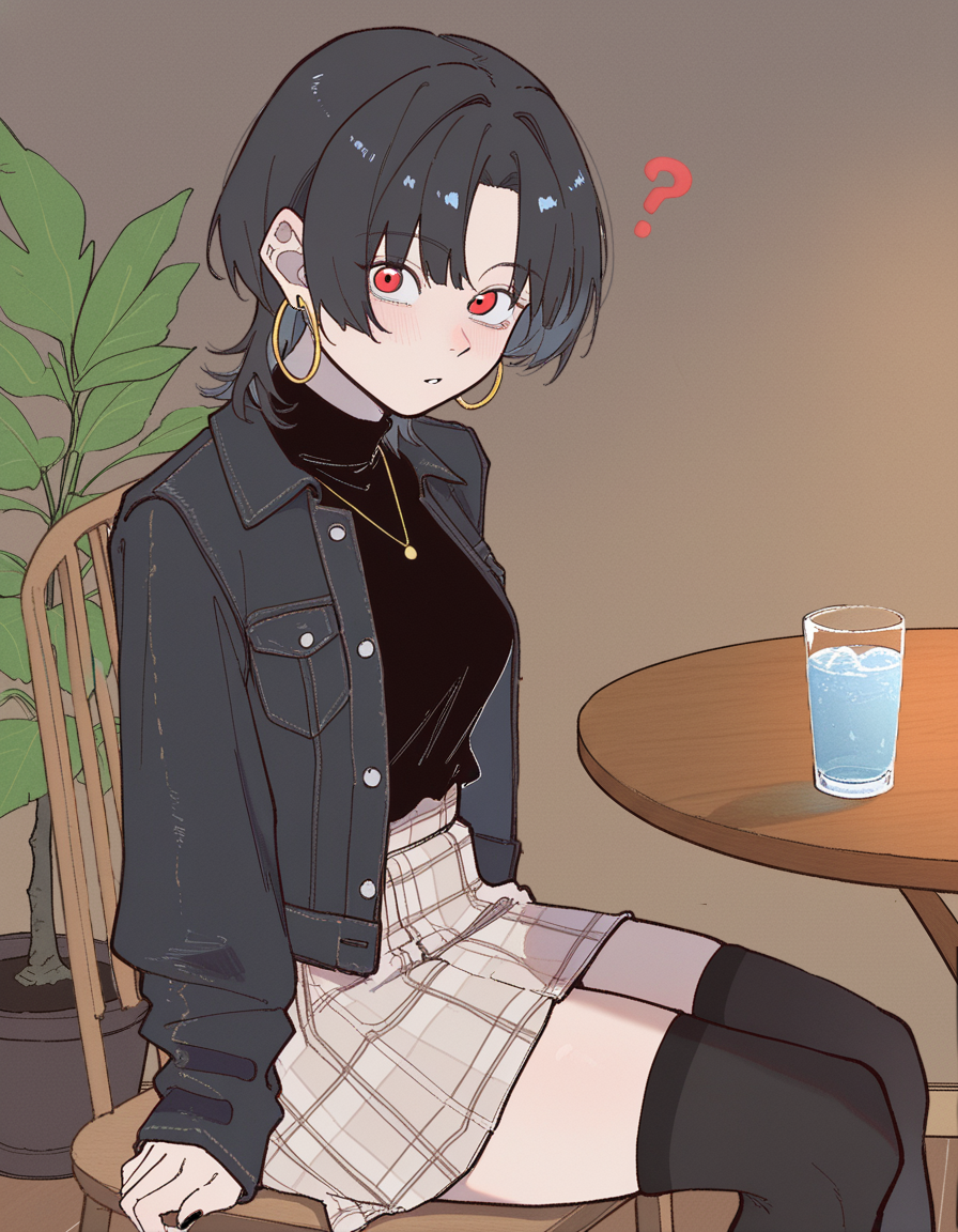 Lilith in here wears a black turtleneck shirt underneath an open black denim jacket. Also a combination of a light brown plaid skirt and black thigh-highs. On her feet are sneakers. For a slight color contrast, she has golden hoop earrings.
