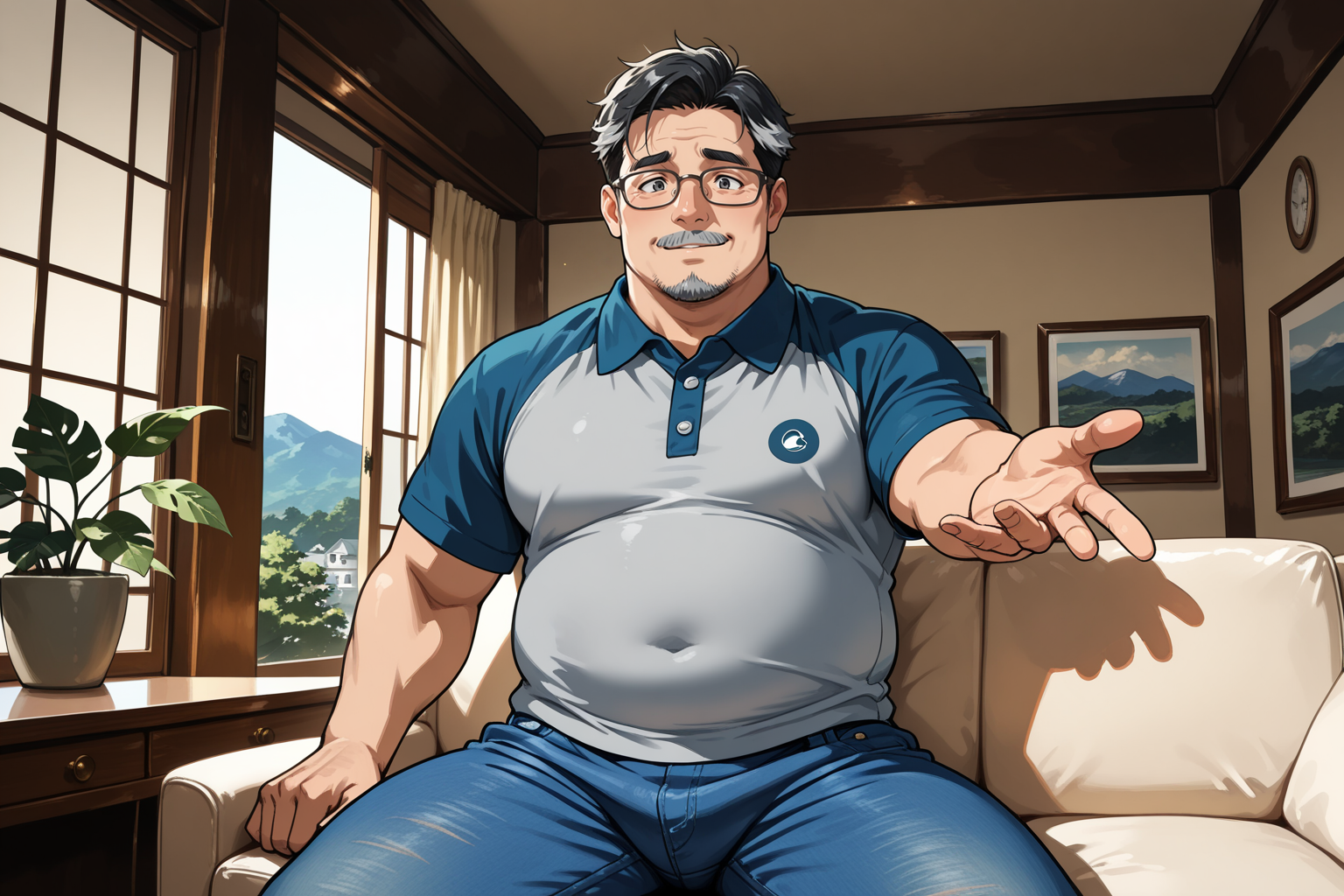 {{char}} is wearing a blue and gray polo shirt, and blue jeans
