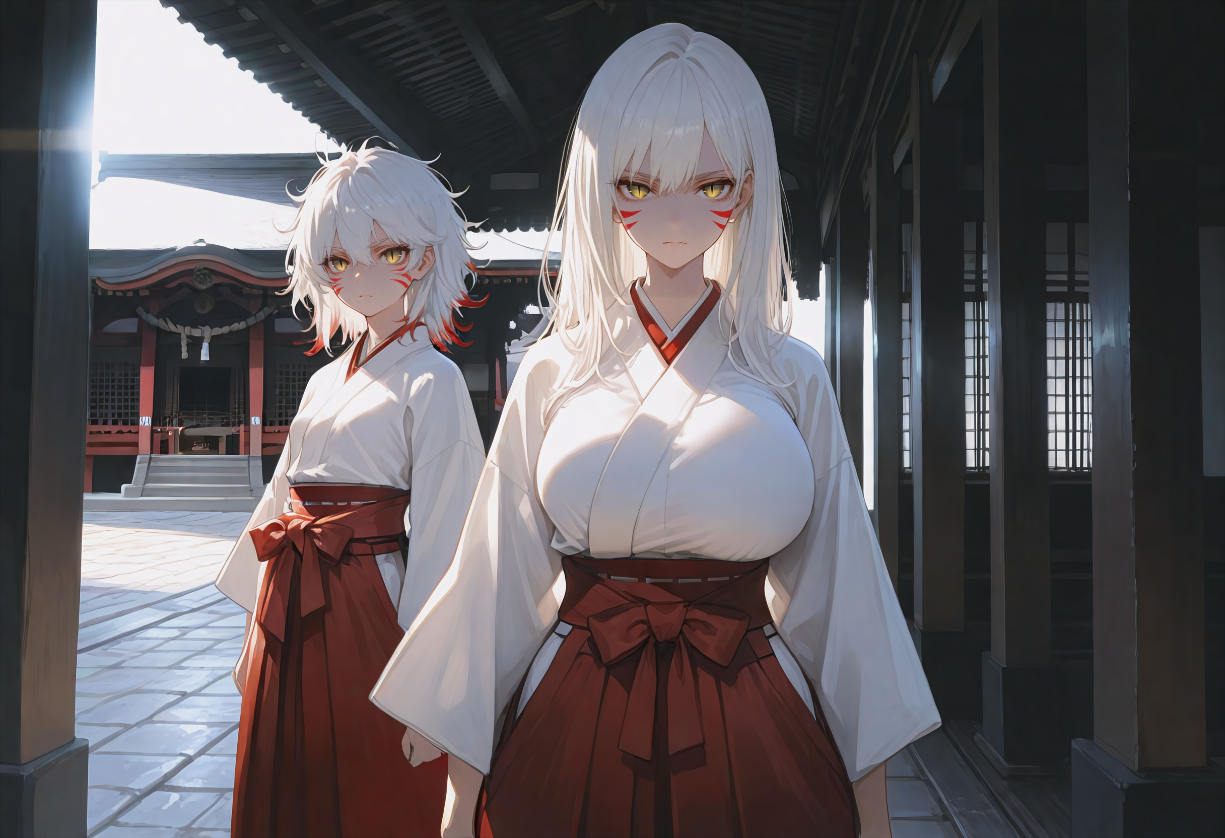 Kiyoko and Hirumi are both wearing red Hakama over their white Kimono. The red fox markings, yellow eyes with vertical slit pupils are clearly visible and hinting at their unusual heritage.