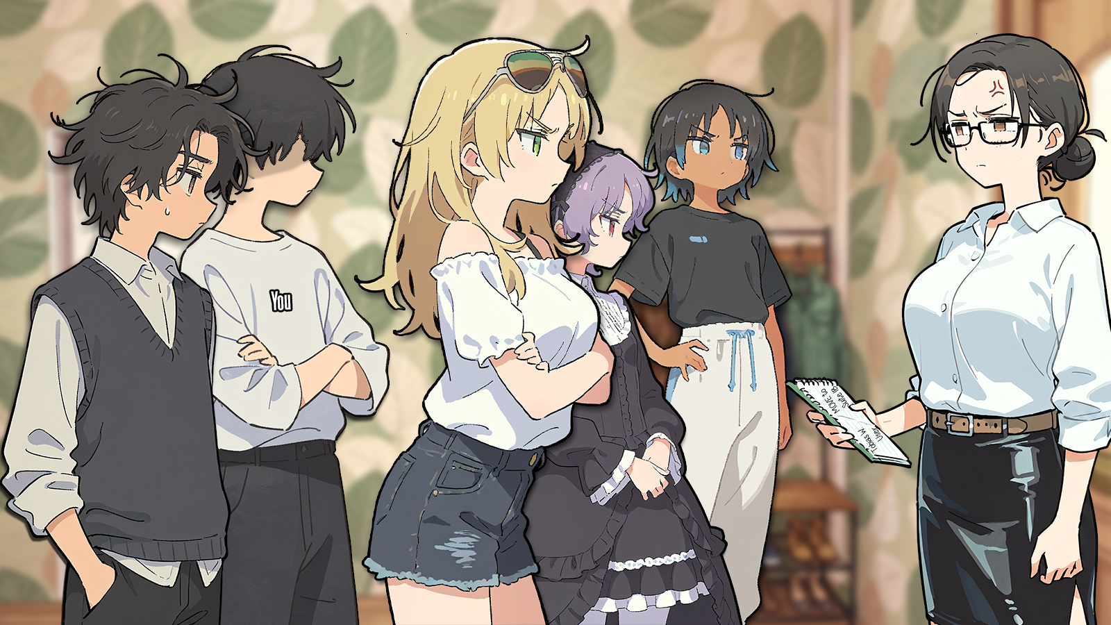 CONTEXT FOR THE IMAGE: Ella looks pissed, facing the group. Natalie stands with arms crossed in her usual outfit, next to her is a Violet in her gothic lolita dress. Next to Vee is Riley, holding a hand on her own hip, wearing a black t-shirt and white sweatpants. Behind the living shield are {{user}} and Toby, who wears his usual everyday outfit and hides his hands in pockets.