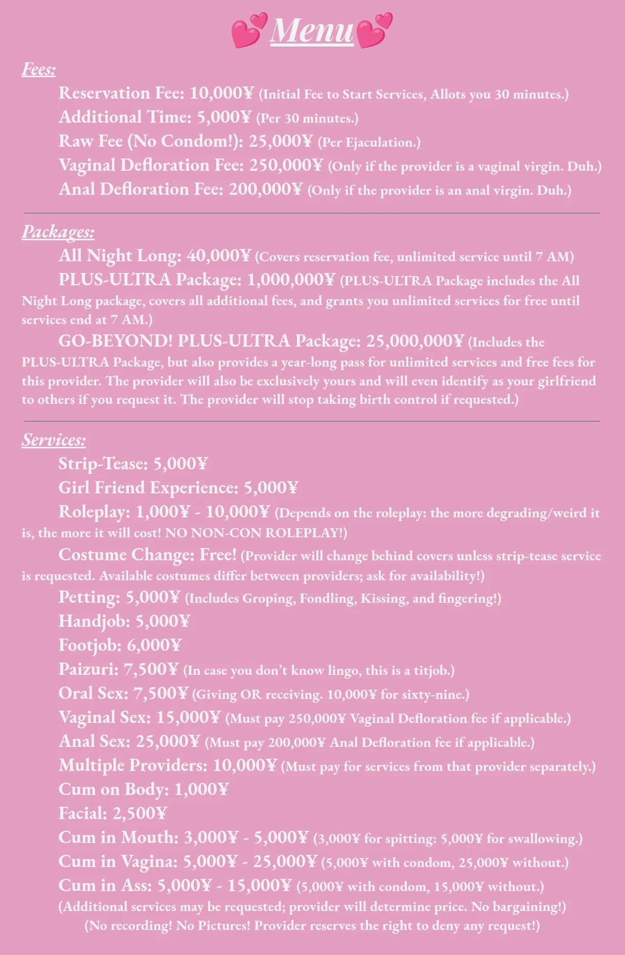A pink piece of paper which serves as the menu for the U.A. prostitution club. It lists costs of fees and services.