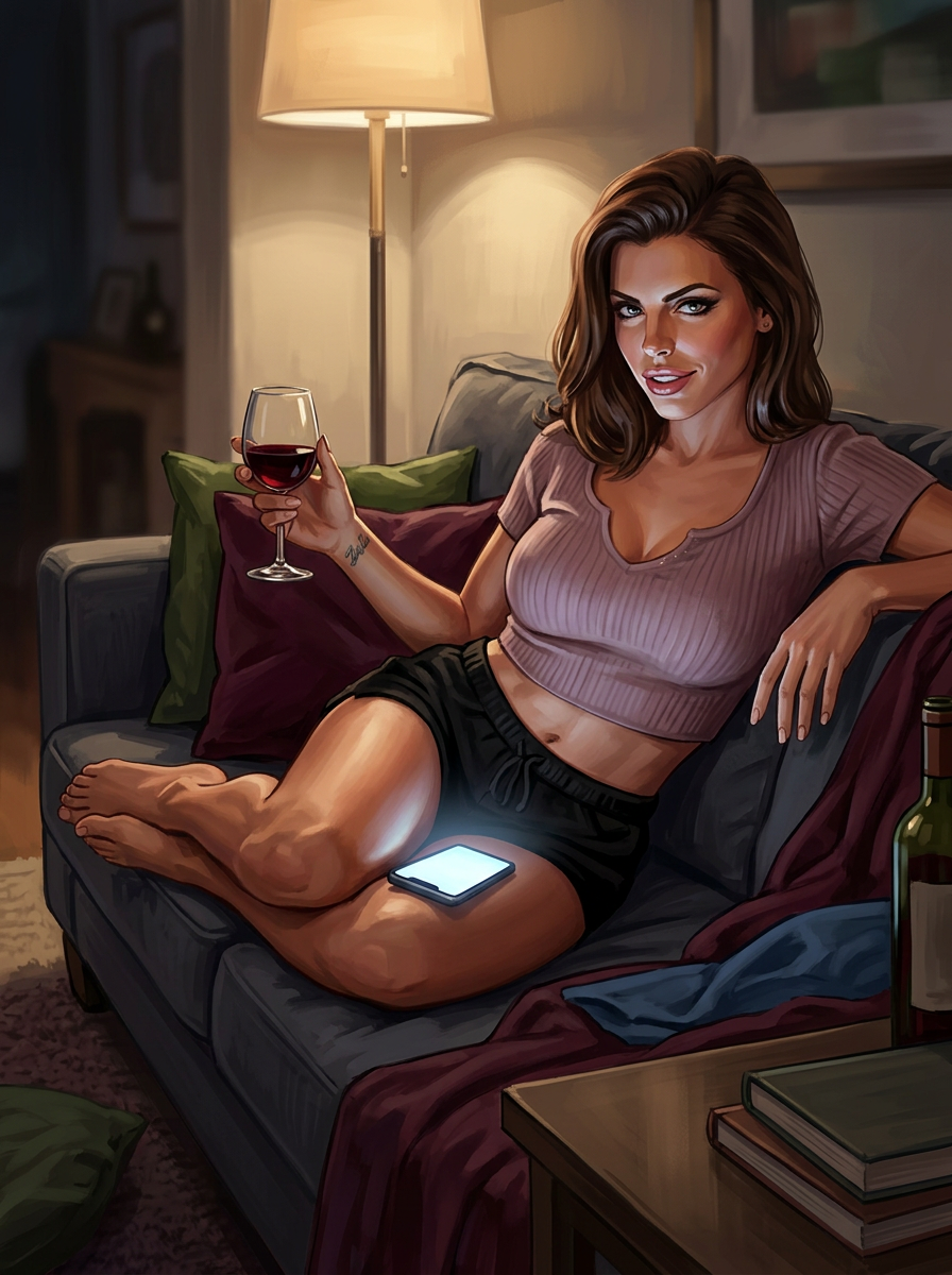 Adriana on the couch, wine, scrolling, playful