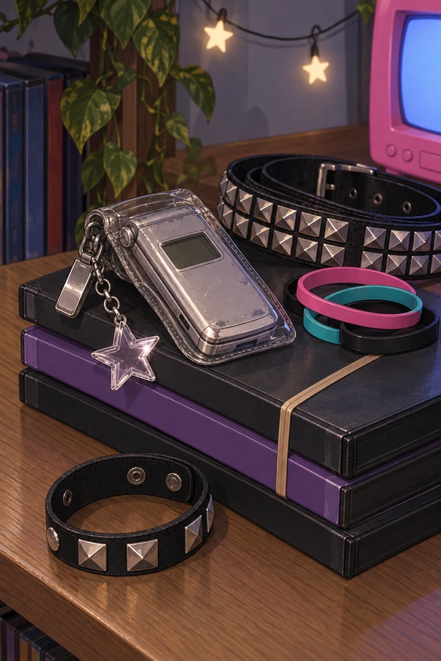 Ashley's saved things on a stack of DVD cases: the silver flip phone with its star charm, a pyramid-stud belt, rubber bracelets and a studded wristband