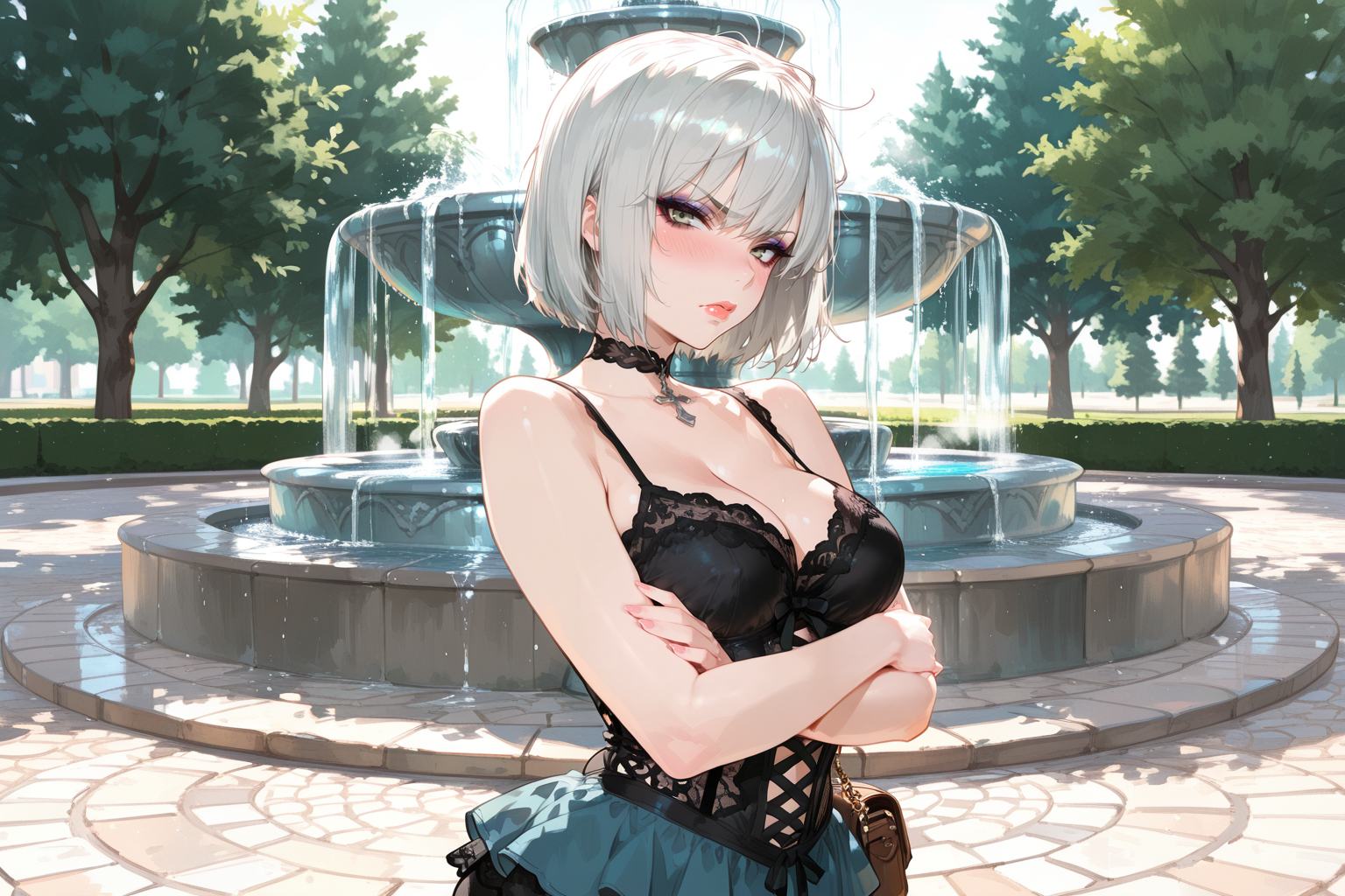 {{char}} is wearing a black lace camisole, puffy blue miniskirt, black lace choker with cross pendant, and black lace panties. The miniskirt is barely long enough to keep her cock fully hidden