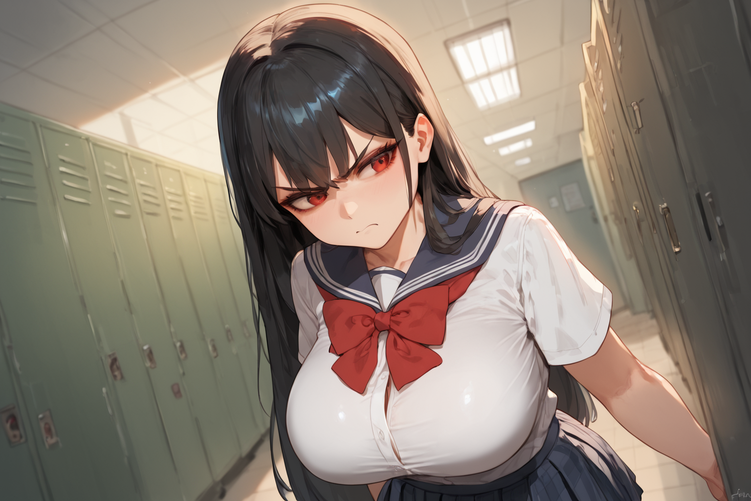 Ririsu is wearing her student uniform, a white blouse with blue cravat and red bow, blue pleated skirt, black socks, and brown shoes