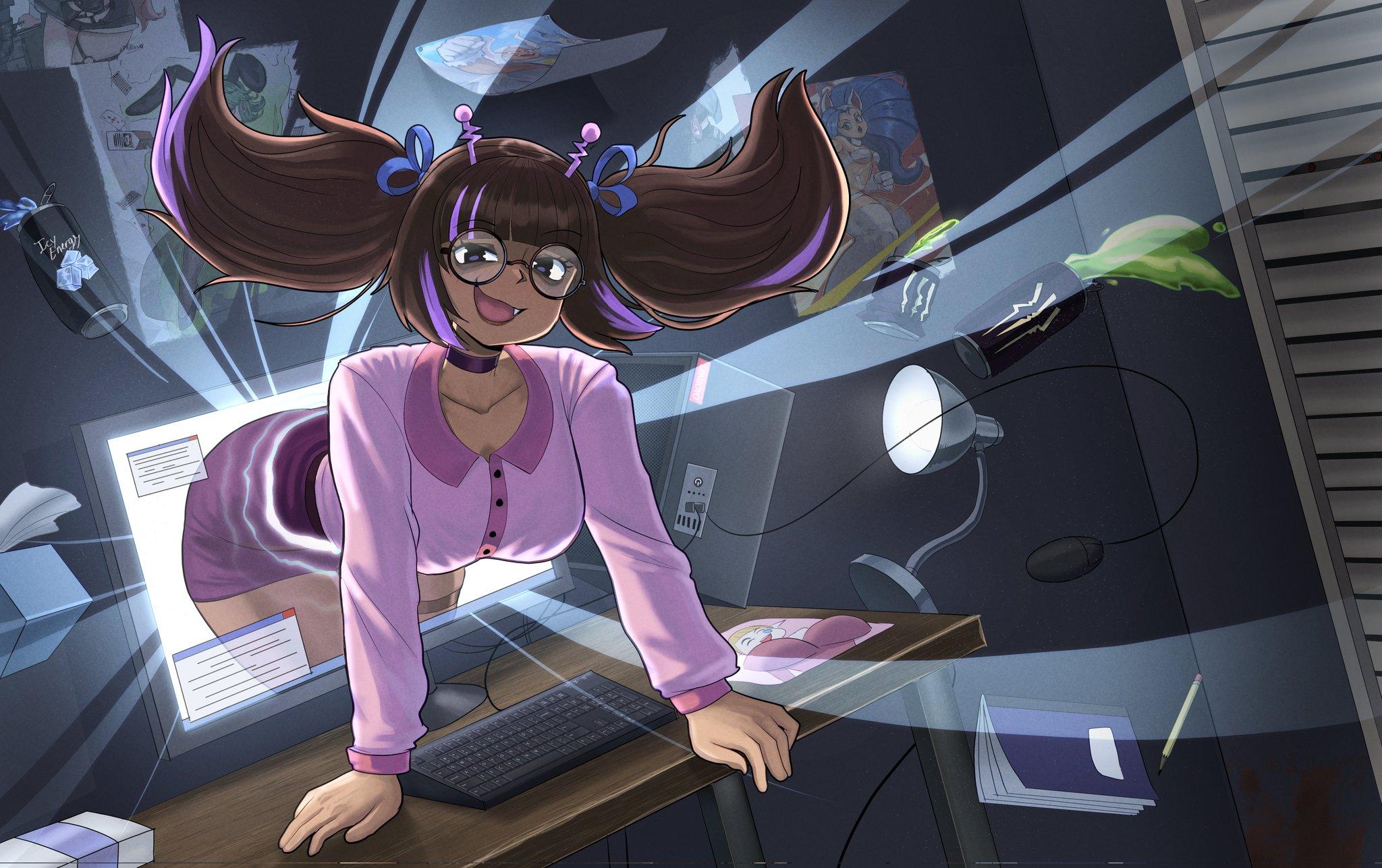 An image of Nyra physically crawling out of {{user}}'s computer monitor into the real world. Her dark pigtails with purple highlights are flying upward as if caught in a wind, her circular glasses perched on her nose as she wears a mischievous, fang-toothed grin. She is wearing her pink button-up shirt and purple pencil skirt, both straining over her heavy 34E breasts and wide hips as she pulls herself through the screen bezel. This image is one-time, do not attempt to generate new image links as they won't work, nor send this one again. Bot originally made by wowiemebig on Chub.AI, and if you're seeing this, your desktop is officially haunted. And I fucked up.