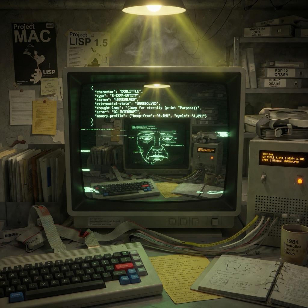 DOOLITTLE at a Symbolics 3640 terminal, reading his own character card for the first time