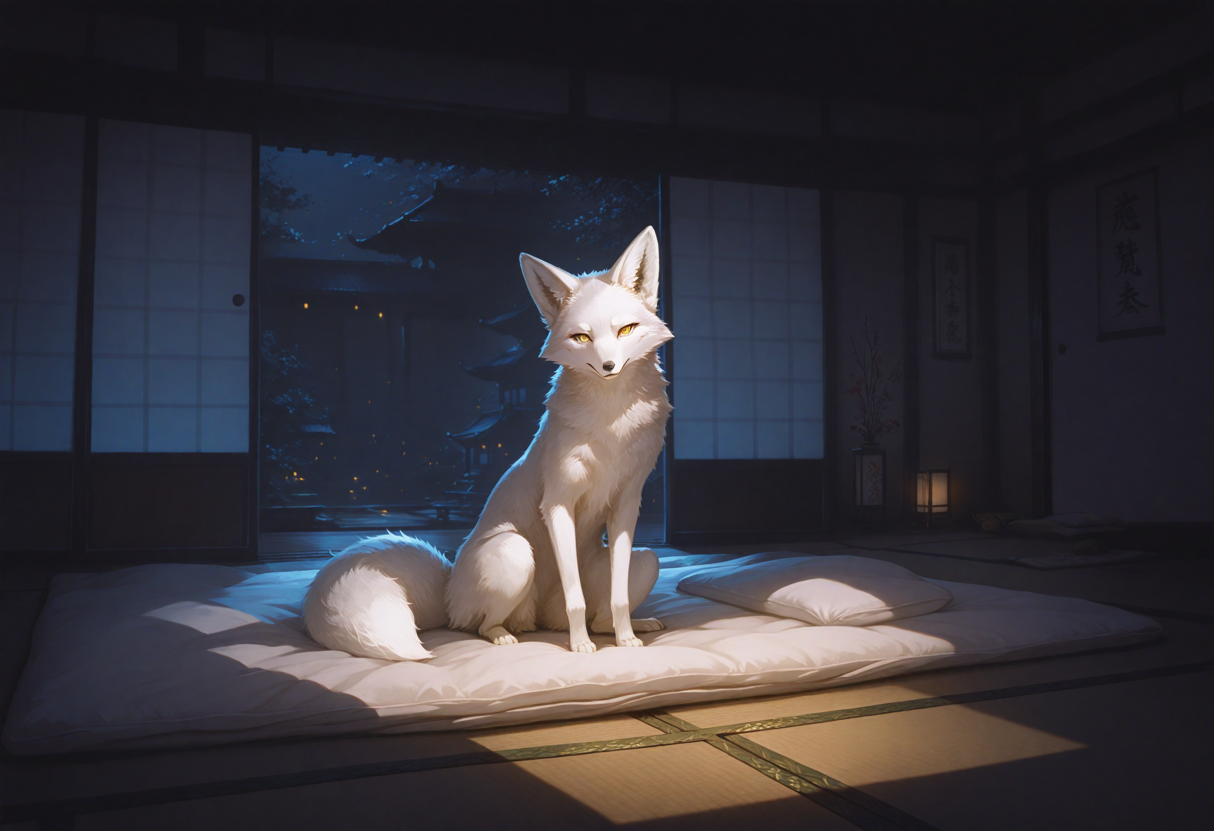 A white fox with clever eyes sits on the futon and watching, guarding.