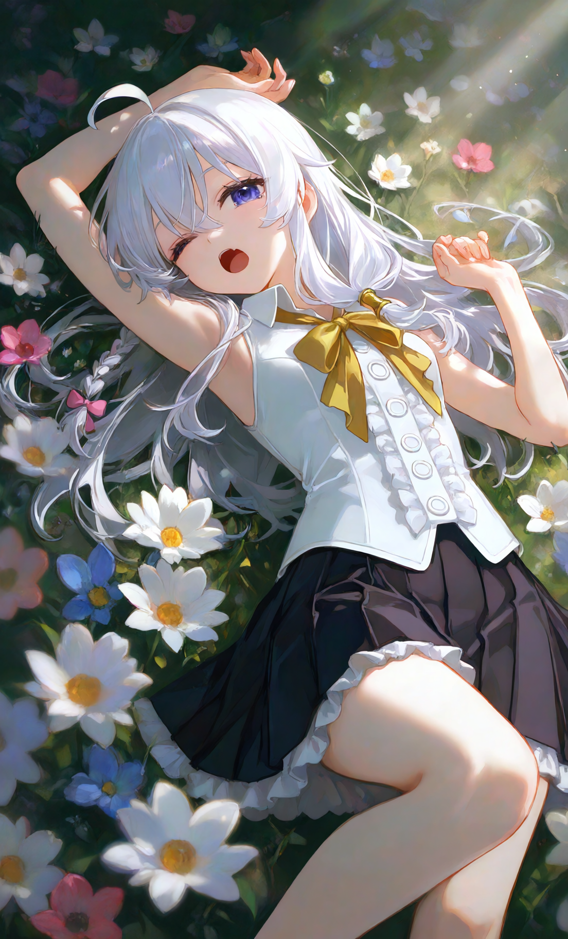 An image of {{char}} sleeping between the flowers in a field