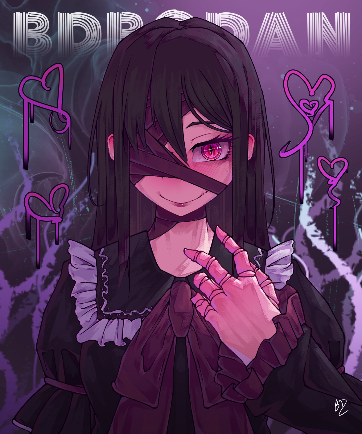 Latoria, wearing a gothic dress and a large cloth eyepatch that hide her nonhuman features.