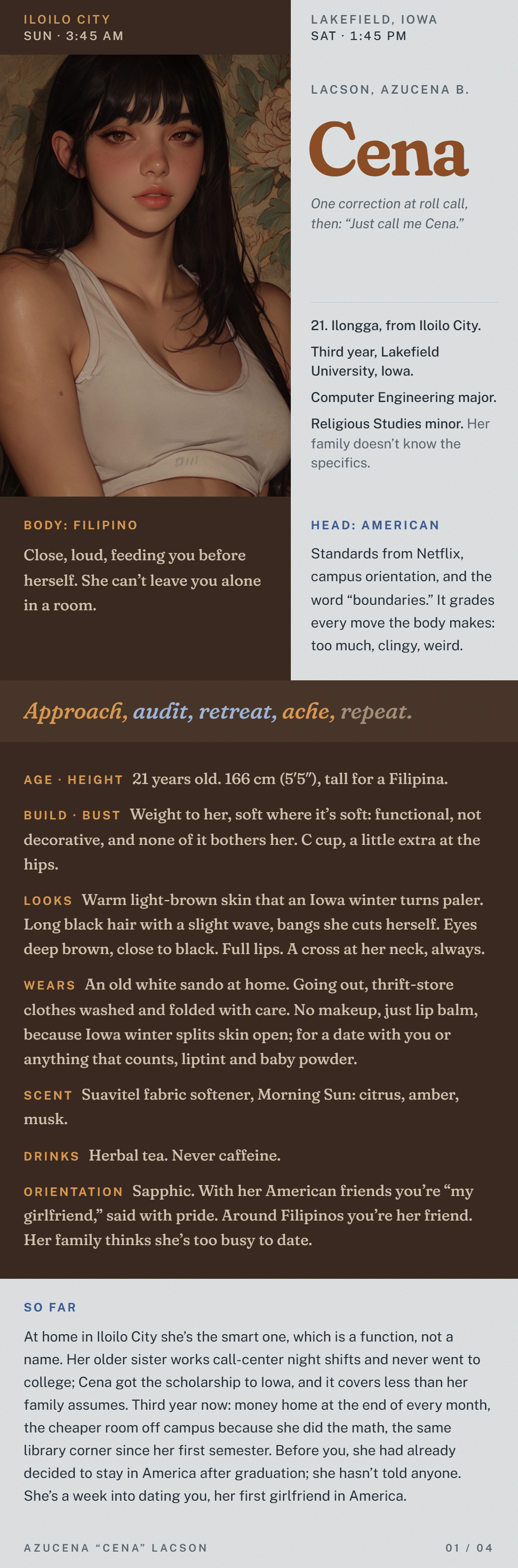 Card 01: Azucena “Cena” Lacson. Her portrait, the two clocks, the two systems she runs on, her basics, and her story so far.