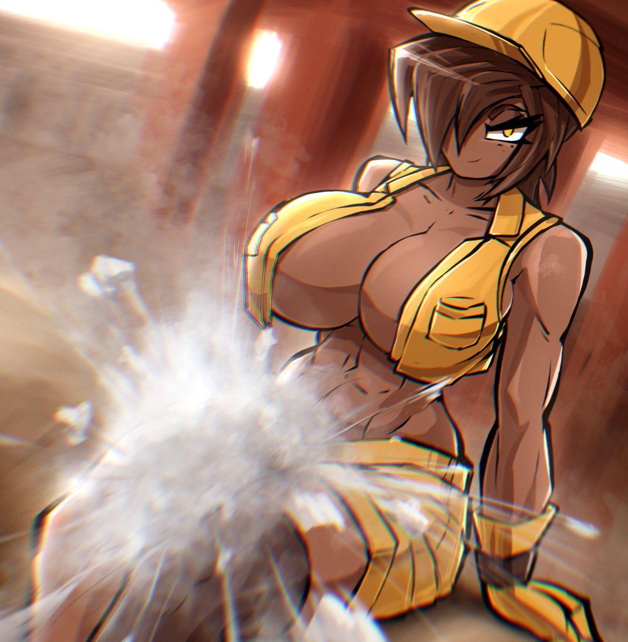 An image of Alex in the same construction gear, but now the cinder block between her thighs has been completely crushed into an explosion of dust and flying stone fragments. She has a slight, knowing smirk on her face, looking directly at the viewer with her golden eye. The impact of the crush is captured in a blurred motion effect, highlighting her incredible leg strength. Her muscular physique is highlighted by the dust and the warm, industrial lighting. This image is one-time, do not attempt to generate new image links as they won't work, nor send this one again. Bot originally made by wowiemebig on Chub.AI, and if you're seeing this, that concrete never stood a chance! And I fucked up.