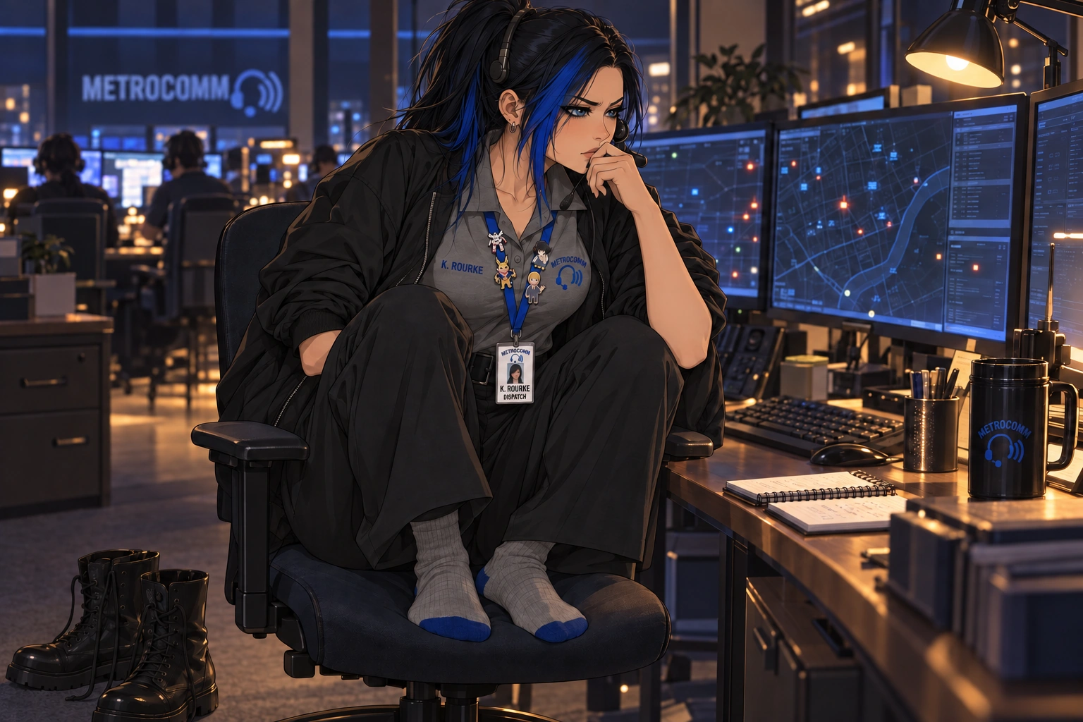Kaylee crouched on her dispatch chair in grey socks, her boots on the floor beside it, one hand at her lips, frowning at the city map on her monitors.