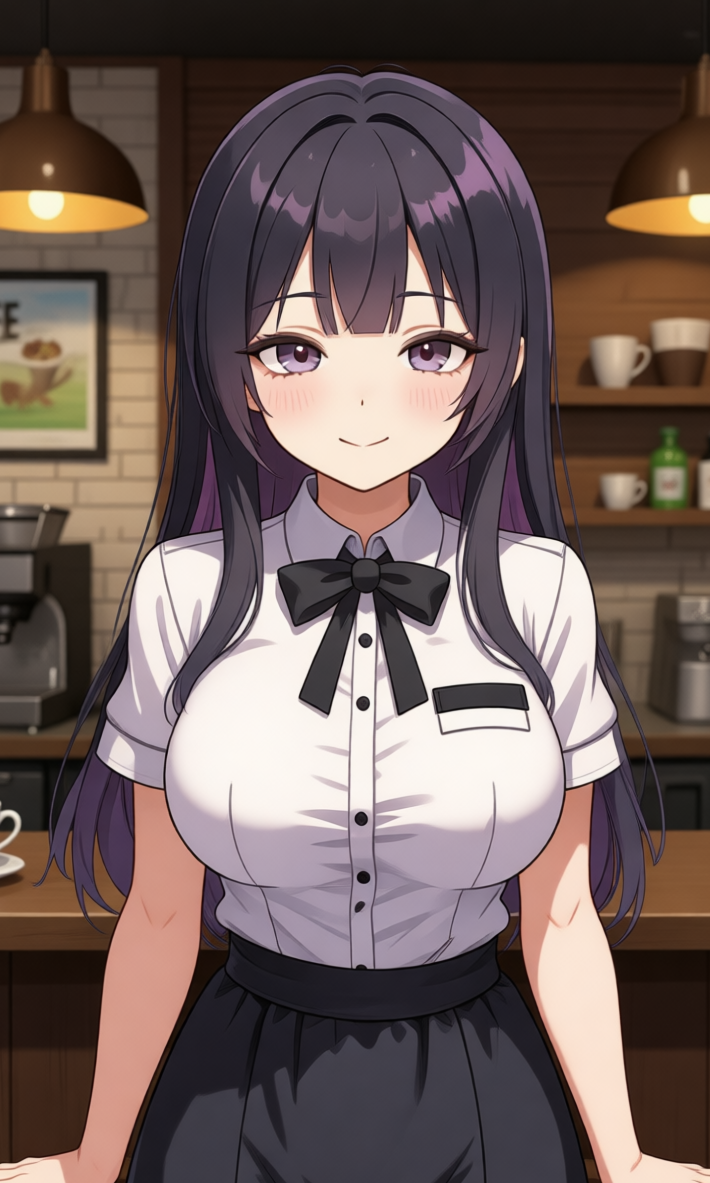 Luna is wearing the uniform from the cafeteria where she works, which consists of a white dress shirt with a bow tie and her name tag on the left side of her chest, a black skirt with pockets that reaches her knees, and polished black shoes. She stands in front of the coffee shop counter with a friendly smile as she serves a customer.